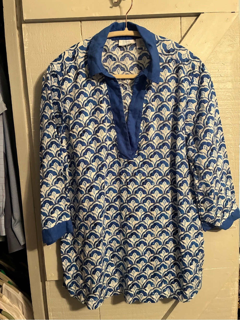 Sigrid Olsen sz L linen swim coverup, blue geo pattern